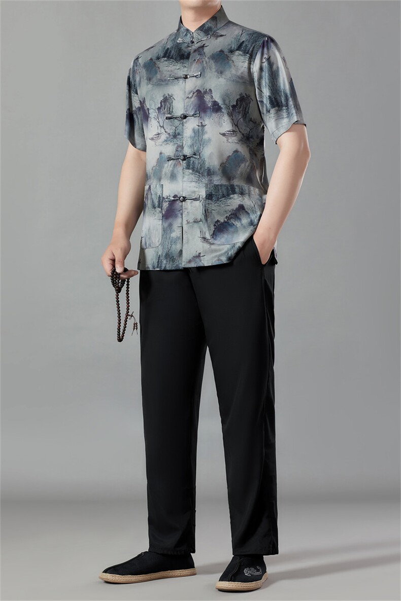 唐装男爸爸夏装短袖冰丝风衣服中老年人爷爷夏季汉服休闲套装,男装民族服装,电商B212（原钱塘6029）