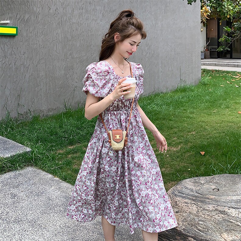 紫色复古碎花小众连衣裙女2023新款夏季v领娃娃领设计感中长裙子,女装连衣裙,浙宝192（原082）