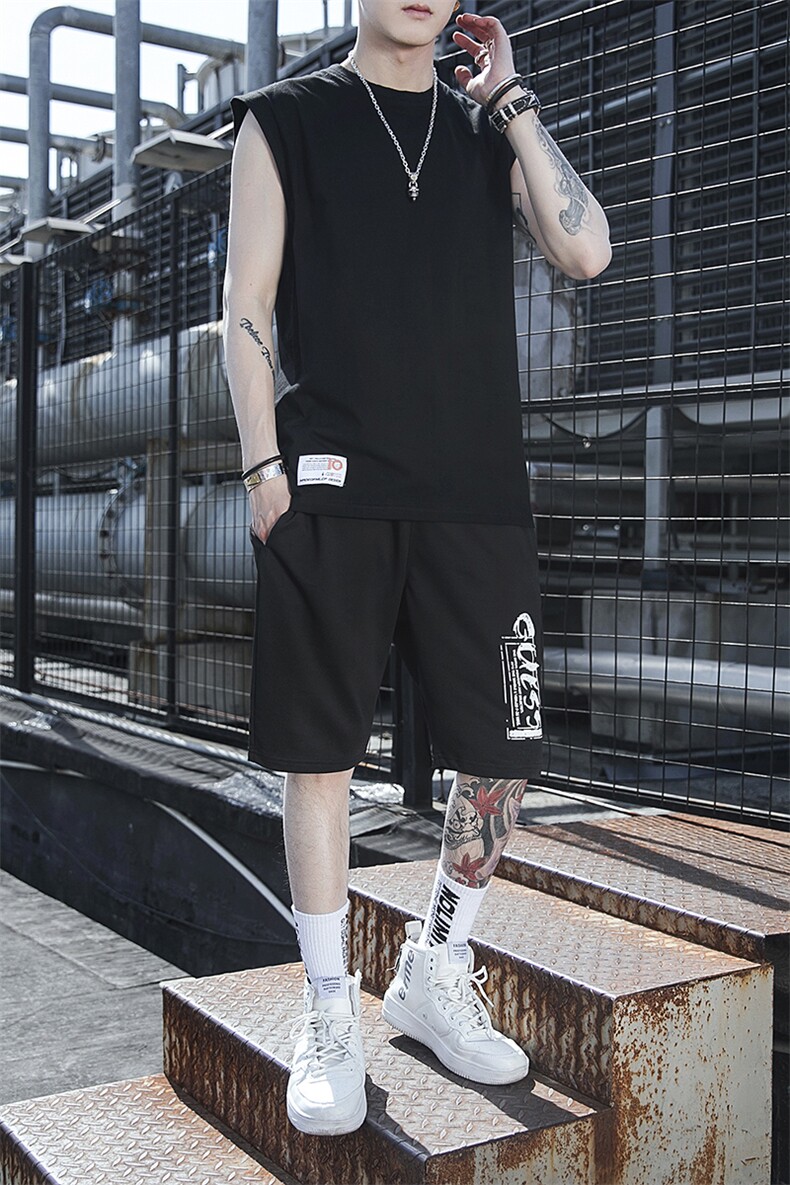 2021夏季纯棉无袖男士T恤休闲潮流短裤套装TZ210-P40,男装休闲套装,星座217-4