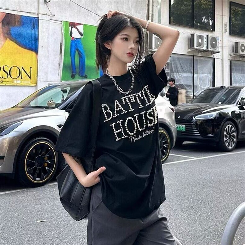 夏季质感立体珍珠字母刺绣T恤男中性美式复古百搭宽松上衣 TK09图片