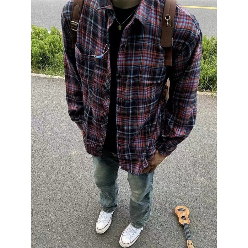 CP1223-P38日系复古格子宽松休闲单排扣口袋长袖格纹衬衫,男装衬衫,电商B323A