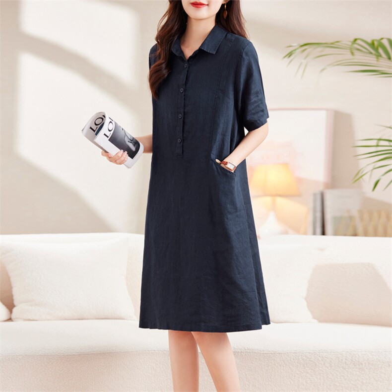 棉麻连衣裙女夏季2024新款大码宽松中年妈妈遮肉显瘦中长款衬衫裙,女装连衣裙,璐依舞