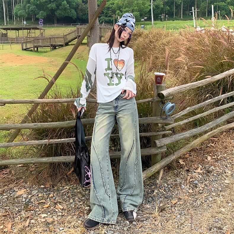 牛仔裤女春夏高腰直筒美式高街水洗黄泥色拼接微喇叭裤YD2121-P65,男装牛仔裤,星座509