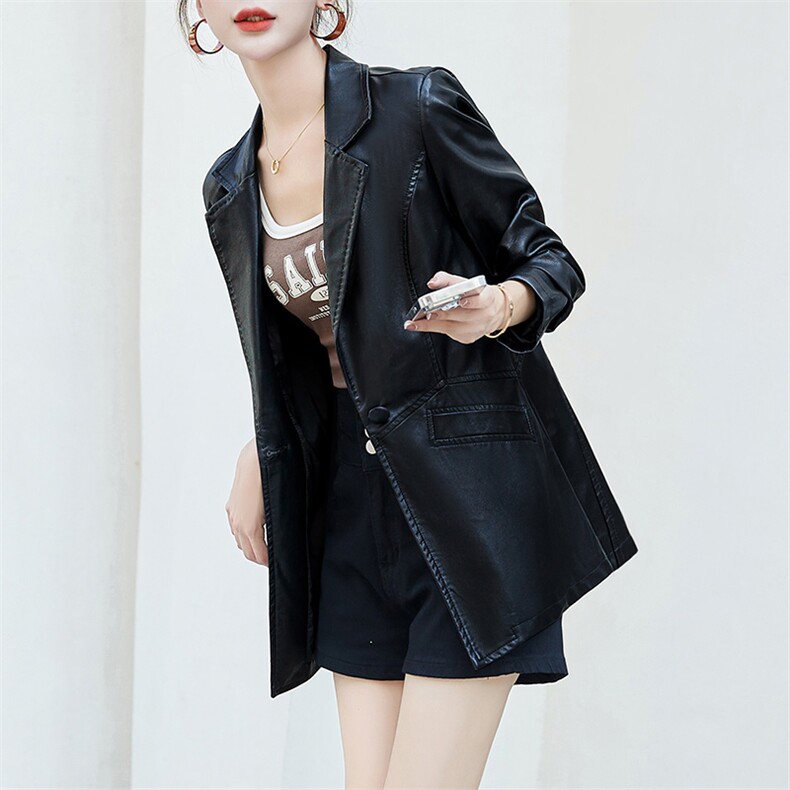 皮衣女2023年新款春秋款修身休闲西装外套收腰pu中长款西服皮夹克,女装皮衣,江南女神