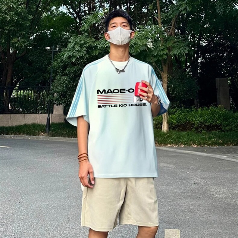 抖音得物品质二开240克宽松纯棉美式潮牌印花三条杠中性风短袖T恤,男装T恤,电商A486-1