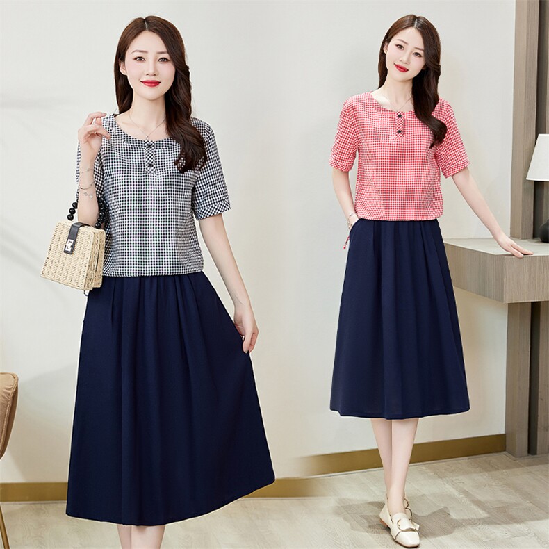 棉麻裙子套装2025夏季新款韩版短袖时尚气质复古两件套条纹连衣裙，女装套装/套裙，罗得堡