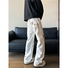 小众美式复古蕾丝刺绣拼接男女潮宽松牛仔裤XZ603-K807-P60控78，男装牛仔裤，星座603