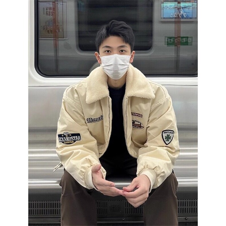 加绒加厚羊羔绒外套男款冬季美式摇粒绒棒球棉服翻领刺绣保暖棉衣图片