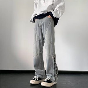 高街美式复古水洗拉链牛仔裤男宽松直筒hiphop垂坠感裤子8197-p53