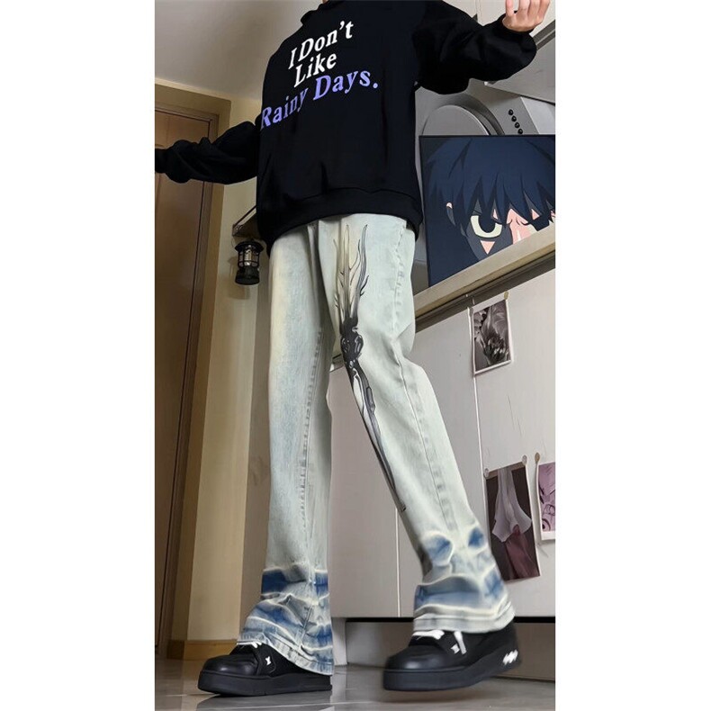手绘涂鸦复古泥染做旧破洞直筒裤美式废土街头潮牛仔裤G351p50,男装牛仔裤,电商D256