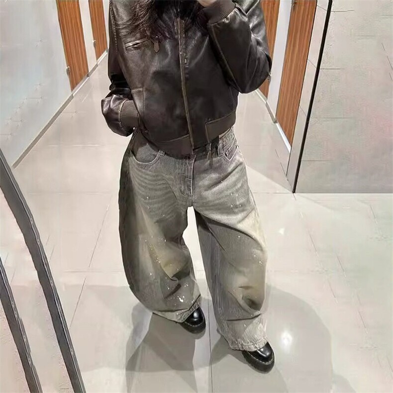 美式高腰复古水洗牛仔长裤男女立体剪裁廓形高腰阔腿宽松长裤,女装牛仔裤,星座506A