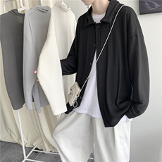 秋装新款港风褶皱纯色宽松长袖衬衫男女情侣外套ins潮H208/P55，男装衬衫，钱塘713