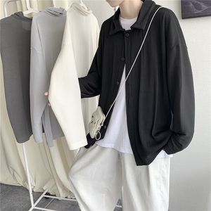 秋装新款 港风褶皱纯色宽松长袖衬衫男女情侣外套ins潮 H208/P55图片