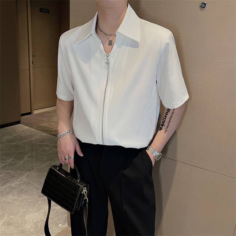 夏季衬衫男短袖潮流高级感痞帅拉链v领衬衣半袖宽松CS786-P55控75图片