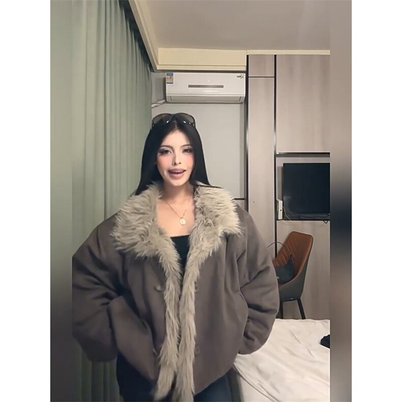 现货重磅硬挺boxy羽绒棉衣座山雕大毛毛领洗水麂皮棉服冬外套，男装棉衣，电商A486-1