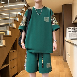 夏季拼接T恤两件套潮流短裤刺绣休闲运动套装男A266-TZ8807-P47图片