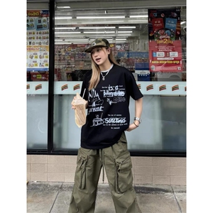 1506/QC15630/P40美式街头潮牌设计感手绘涂鸦复古T恤男女夏季图片