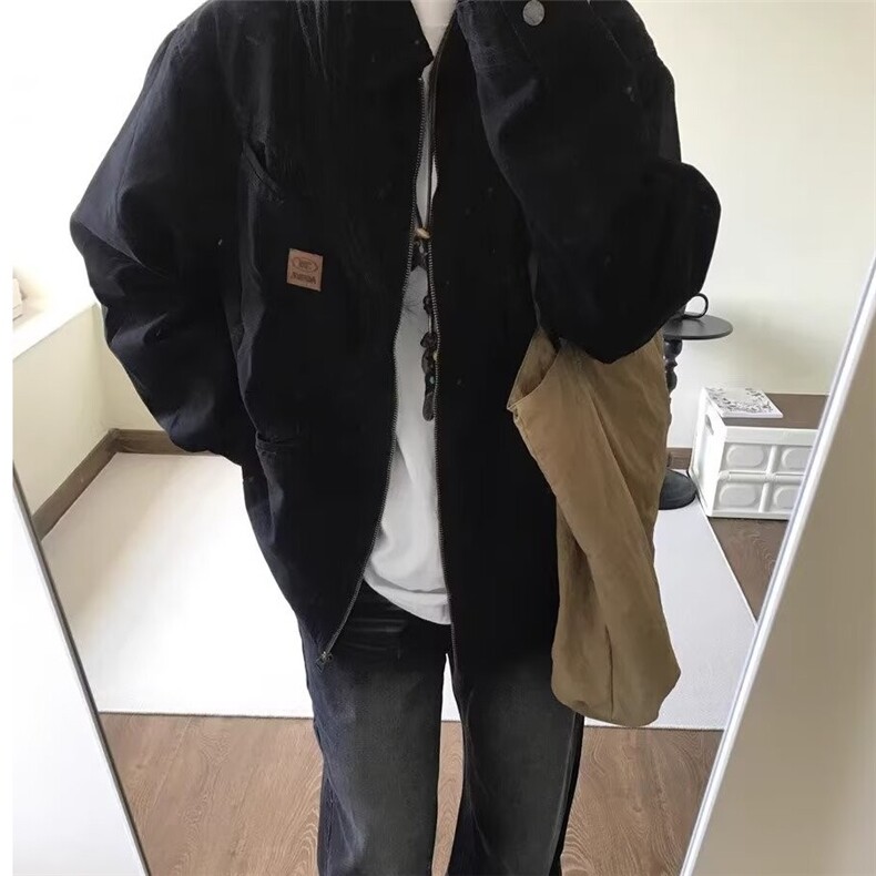 美式复古底特律夹克男女2025新款春秋季黑色情侣工装翻领开衫外套,男装夹克,星座1210-1