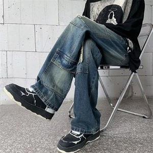 美式复古水洗毛边多口袋直筒牛仔裤小众设计感男潮宽松休闲裤图片