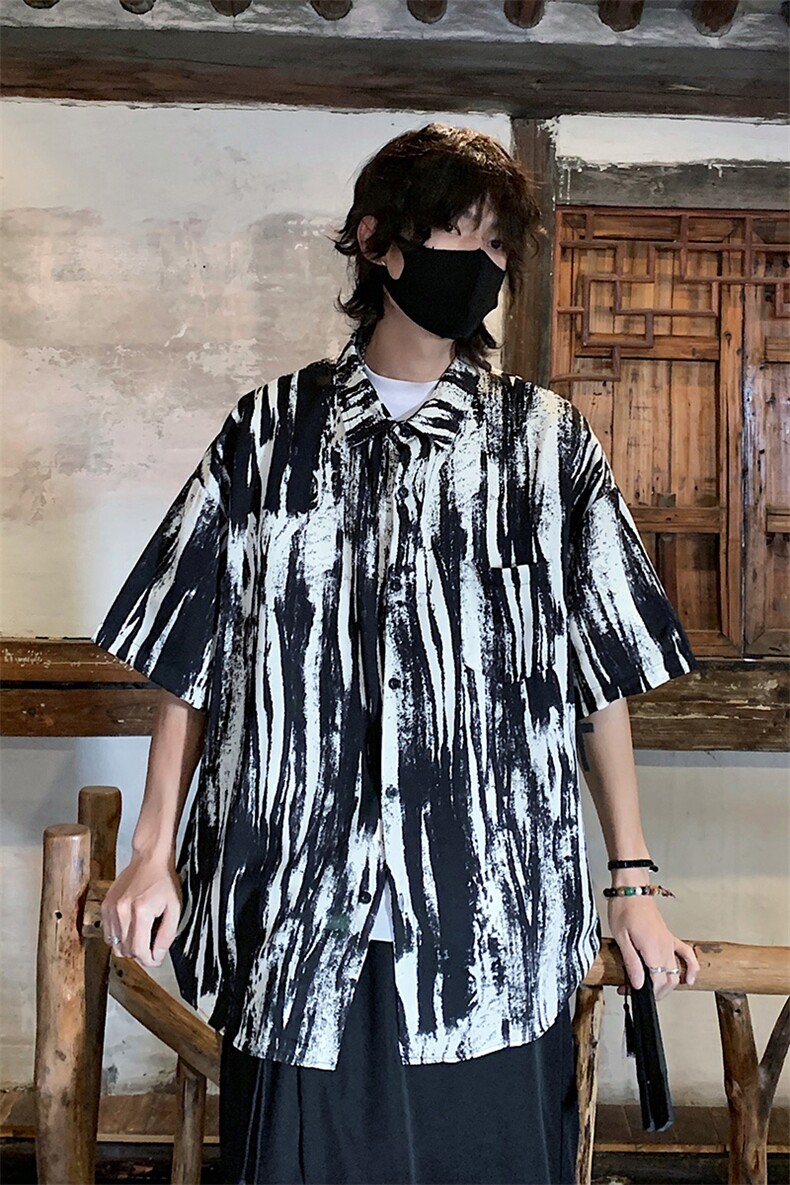 特批P25无差价夏季薄款冰丝设计感潮复古水墨画五分袖衬衫男CD891,男装衬衫,电商A001-1