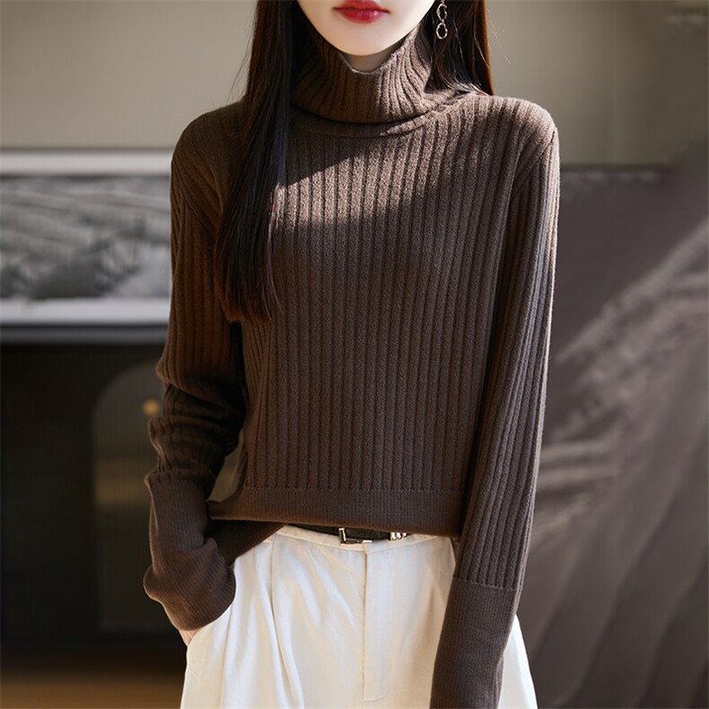 秋冬100%纯羊毛衫女高领加厚坑条针织毛衣宽松慵懒羊绒衫打底上衣,女装羊毛衫,朝思羊绒