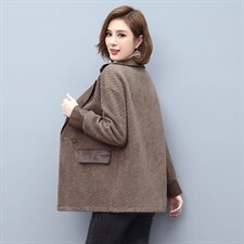 2021秋冬季新款女装水洗皮短款毛呢外套皮毛一体妈妈装拼接大衣，女装毛呢外套，伊满意