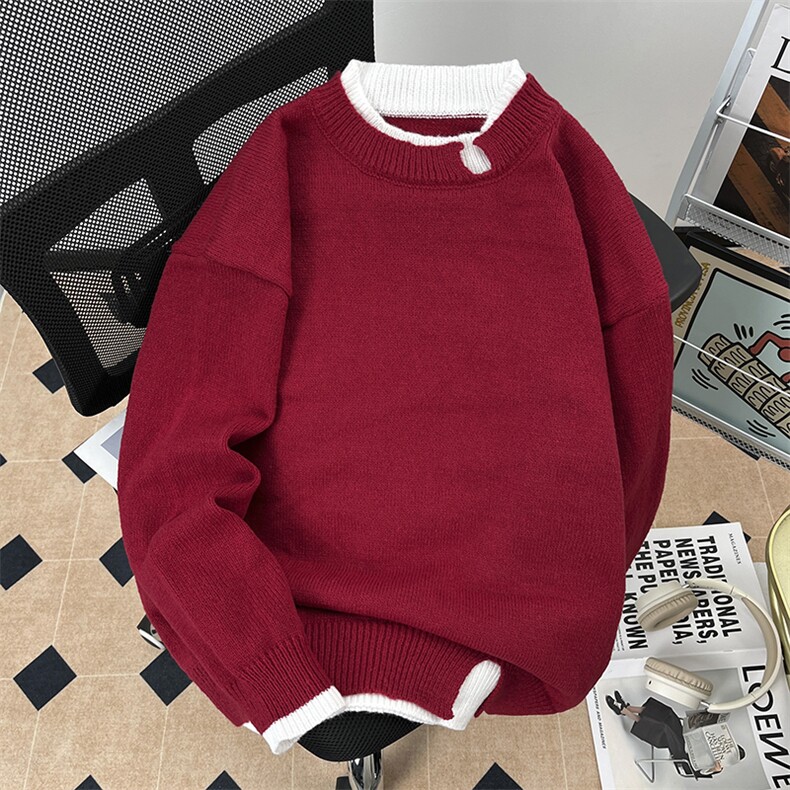 1506-1/MM2171/P50秋冬季男士长袖红色毛衣圆领假两件新款潮流设，男装针织衫/毛衣，星座1506-1