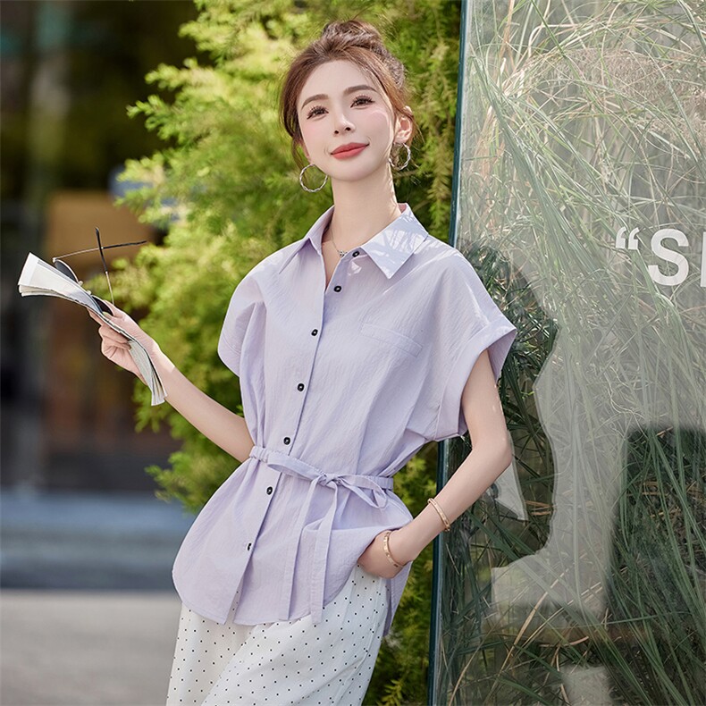 2025夏季新款韩系设计感百搭显瘦时尚翻领松紧系带短袖衬衫女上衣,女装套装/套裙,欧米莱