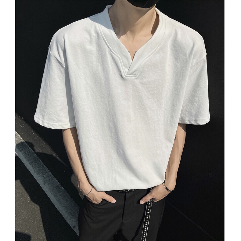 240克索罗娜亨利领夏季男士设计感短袖V领T恤宽松韩版上衣P22,男装T恤,电商C306-1