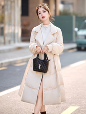 现货高级感西装领羽绒服女收腰显瘦修身中长款时尚大气冬季外套，女装羽绒服，韩然一族