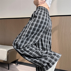 黑白棋盘格子阔腿裤女25夏季高腰宽松直筒休闲格纹拖地长裤子图片