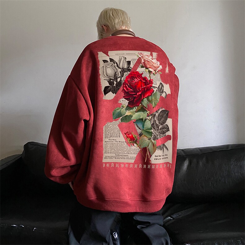 秋季重磅宽松大码港风玫瑰花印花圆领卫衣JK23388特批36-控59,男装卫衣,星座605(原A050)