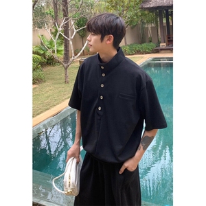 夏季新款慵懒宽松纽扣立领短袖T恤男百搭潮流休闲运动套装 TZ15图片