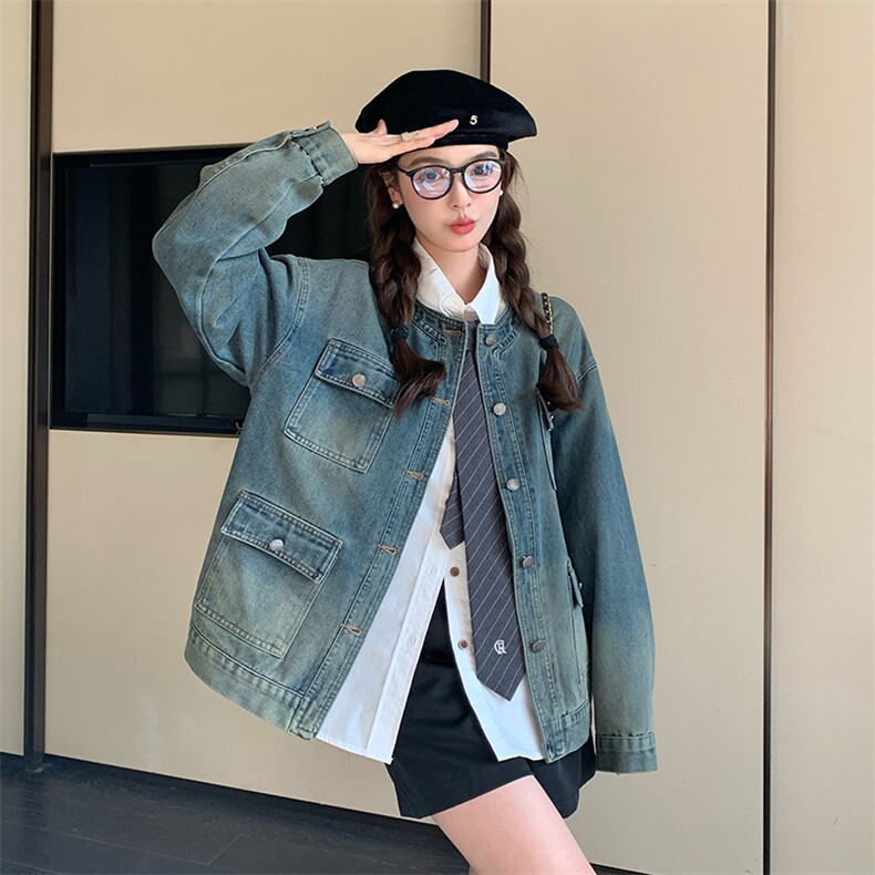 港风复古牛仔外套女2024春秋新款设计感宽松休闲工装圆领夹克上衣,女装牛仔外套,纯色衣恋