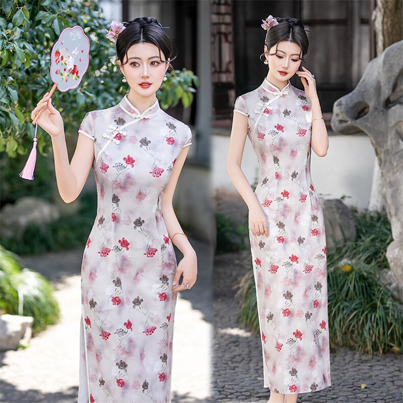 新中式弹力提花洒金立领盘扣旗袍（有弹力）2501P130,女装汉服/婚纱/旗袍/礼服,乐衣轩