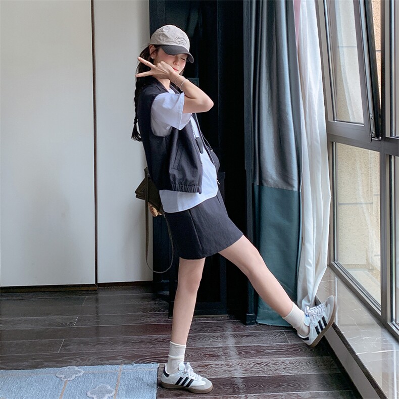 小个子穿搭白色字母t恤休闲工装马甲显瘦薄款短裙三件套女夏新款,女装套装/套裙,2C093