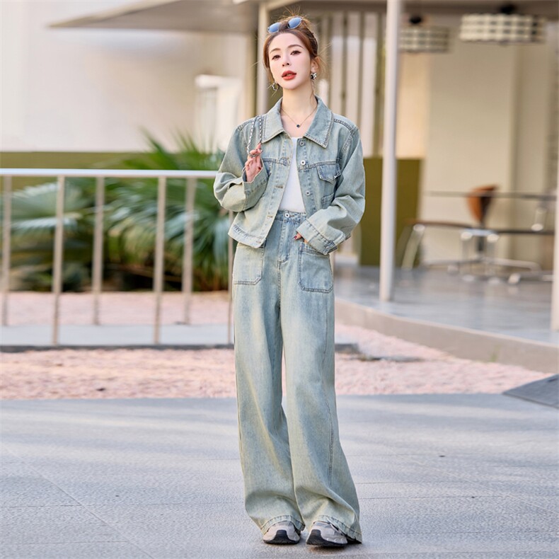 （新款现货）2026春秋高级感时尚休闲复古牛仔阔腿裤套装两件套,女装套装/套裙,印象茜