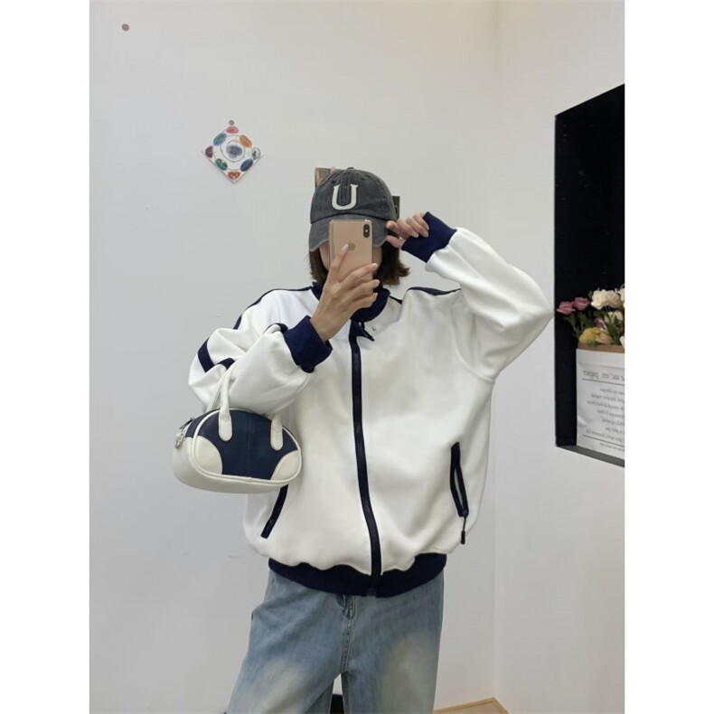 美式复古慵懒中性风撞色插肩袖卫衣男女宽松潮牌情侣拉链开衫外套,女装短外套,星座506A