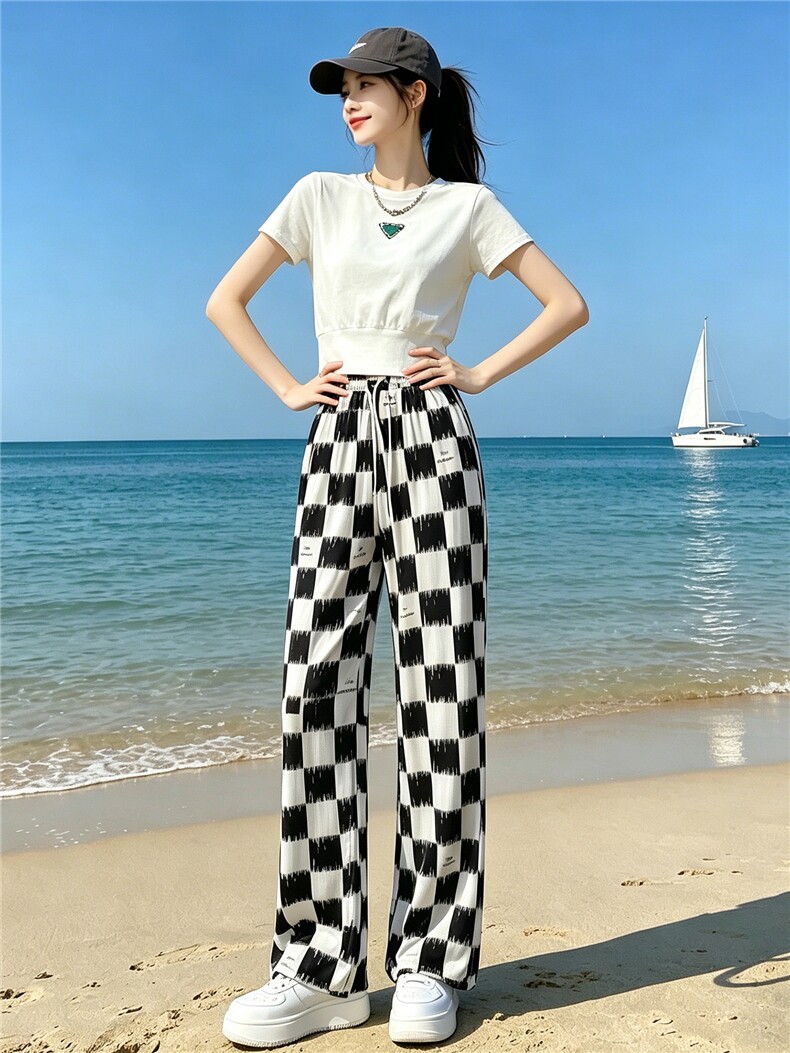 欧货时尚休闲运动套装女夏季新款显瘦圆领短袖上衣格子长裤两件套,女装套装/套裙,江南