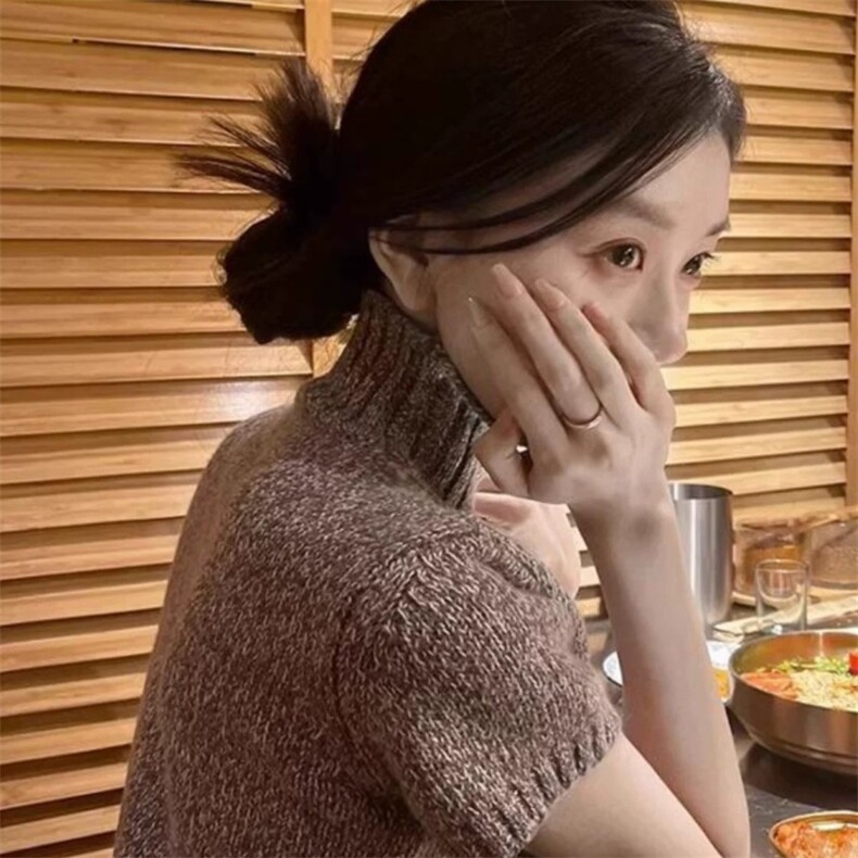 加厚气质慵懒风高领针织短袖毛衣女秋季高级感内搭半袖打底衫上衣,针织衫/毛衣,朝辰羊绒