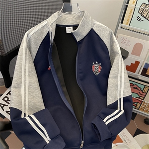 插肩袖运动开衫卫衣外套男秋新款美式撞色情侣织带夹克JK807-P55图片