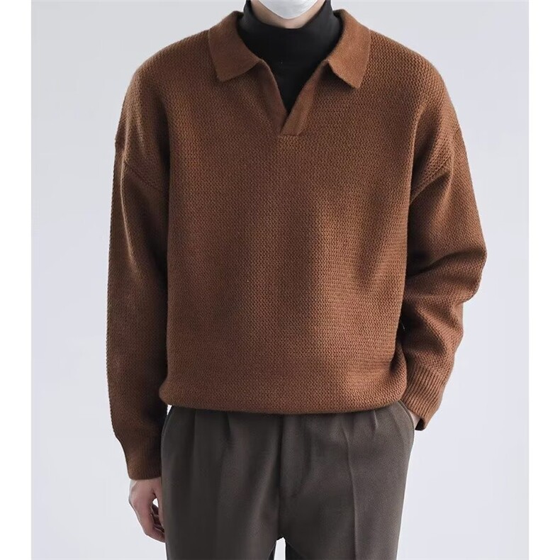 马登工装美式复古翻领polo衫宽松慵懒套头坑条针织衫毛衣男春秋季,男装针织衫/毛衣,星座715-4