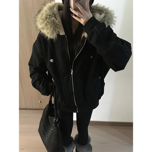 现货重磅boxy短款棉衣座山雕大毛毛领男女棉服水洗工装厚外套图片