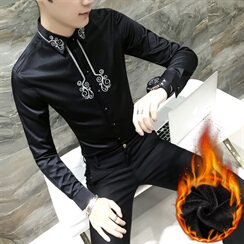 18秋新款男青年长袖加绒加厚修身刺绣花纯色韩版潮工服W0324-P65，男装衬衫，星座419（原A233）