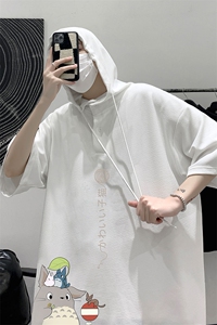 LD54152-P45 连帽短袖t恤男大码胖子带帽五分袖中袖 大皂风图片