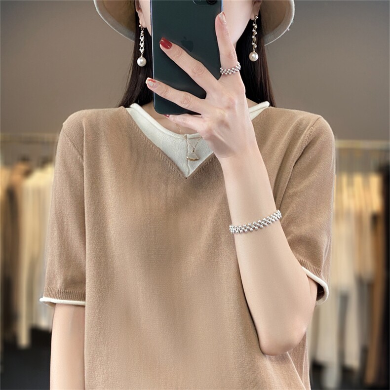 夏季新款100%纯棉拼色短袖t恤女假两件V领宽松棉麻针织衫半袖上衣,针织衫/毛衣,斯美雅电商供货