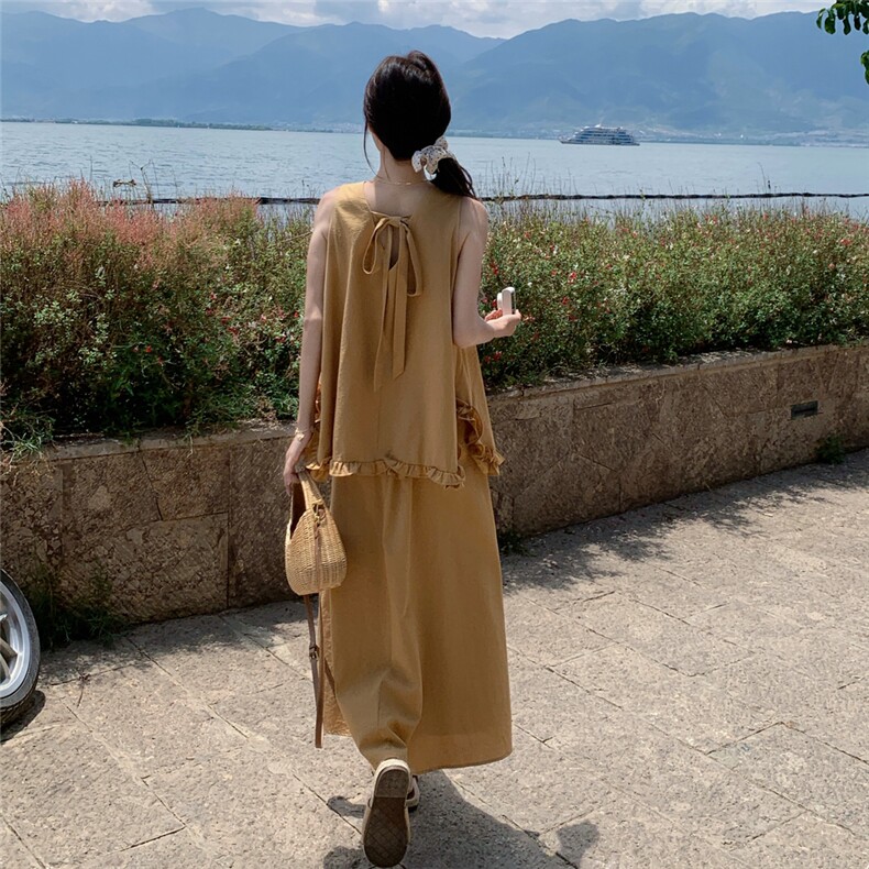 黄色木耳边无袖背心半身裙套装女2025夏新款韩系甜美小个子两件套,女装套装/套裙,2C159