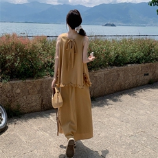 黄色木耳边无袖背心半身裙套装女2025夏新款韩系甜美小个子两件套，女装套装/套裙，2C159