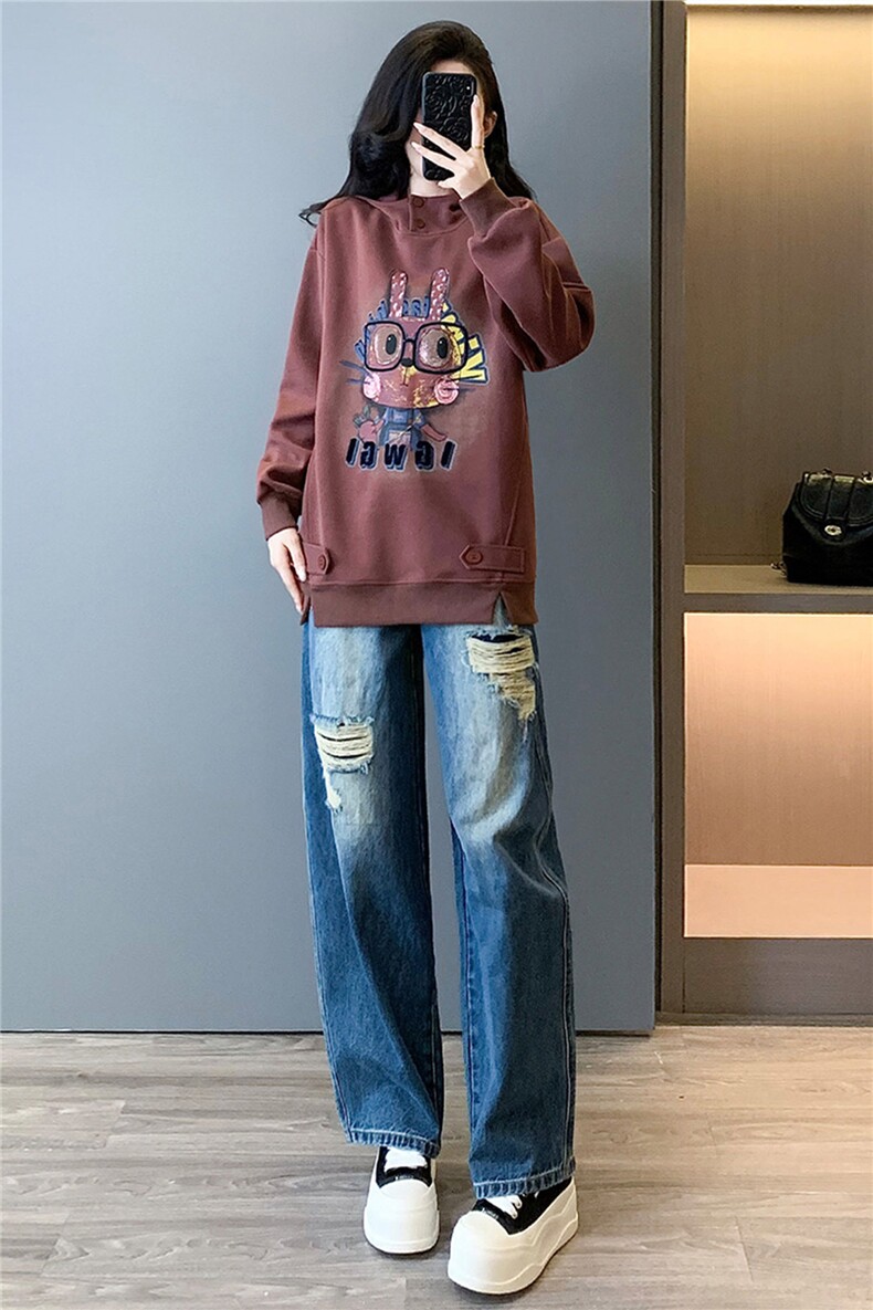 韩版时尚休闲套装女春季新款连帽刺绣卡通上衣破洞牛仔长裤两件套,女装套装/套裙,江南