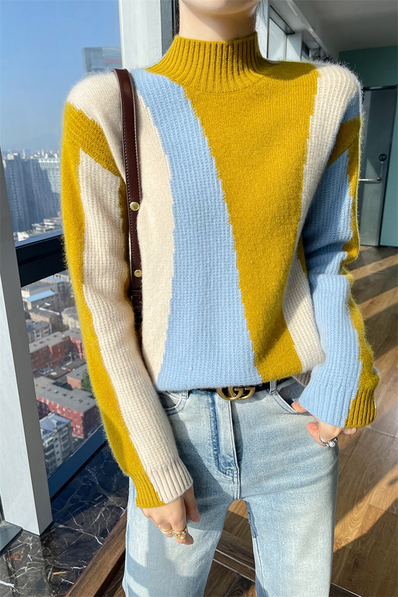 长袖套头羊毛2024年秋季半高圆领拼色上衣,女装羊毛衫,德晨羊绒